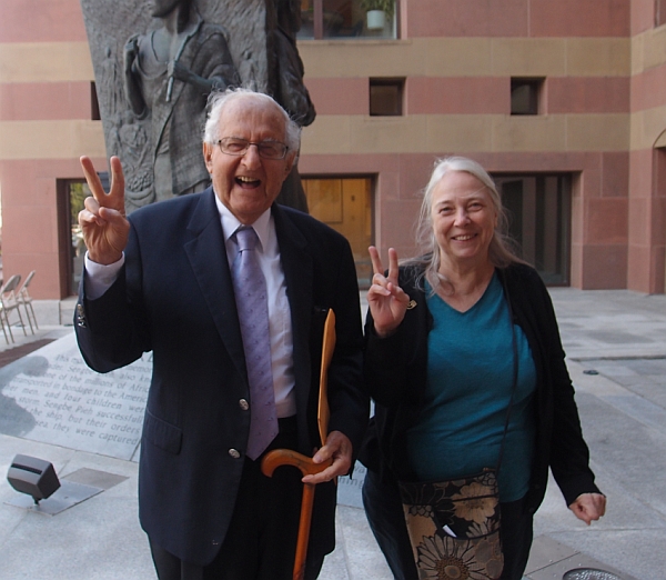 Al Marder poses with New Haven peace activist and Peace Council member Mary Compton at the Peace Day celebration at the Amistad Memorial statue outside New Haven City Hall Sept. 21, 2015. The statue was built thanks to his guidance and supervision. Marder is chairman of the Amistad Committee. (photo: cjzurcher)